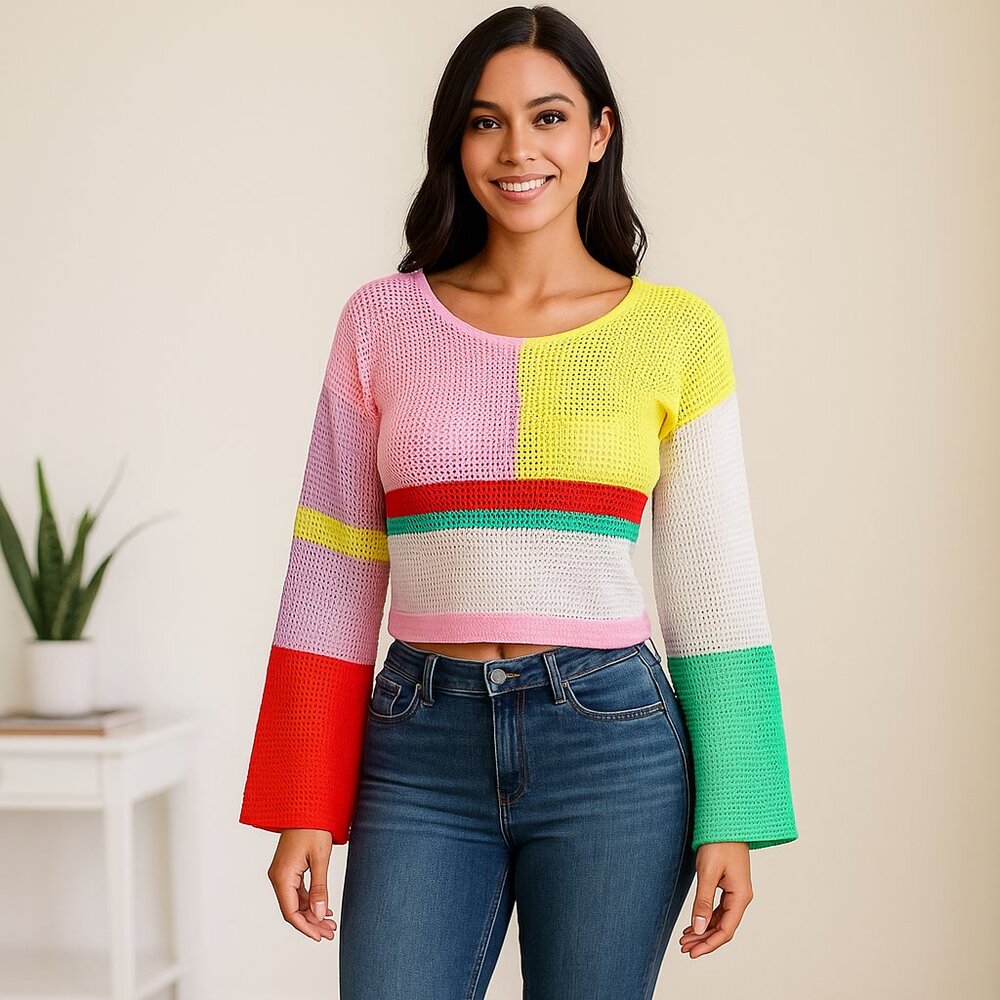 Y2K Crochet Colorblock Crop Top M Open Knit Boho Bell Sleeve Cottagecore Artsy